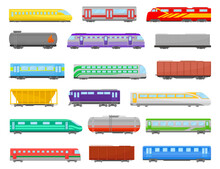 Set Of Locomotives And Freight Train With Wagons, Tanks, Cisterns. Railway Locomotive Train, Transportation Cargo Transport Cartoon Vector