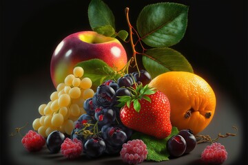 Wall Mural - a painting of fruit with leaves and berries on a black background with a black background and a black background with a white border and a black border with a red apple, a yellow and.