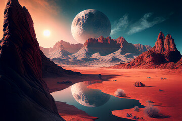 Landscape of unknown red planet surface with craters and mountains with satellites in the sky. Fantasy world. Created with generative ai.