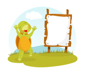 Wall Mural - Cute happy turtle holding blank wooden signboard cartoon vector