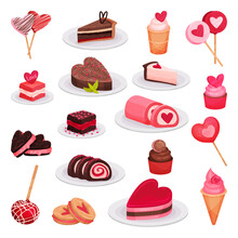 Set Of Delicious Sweets And Desserts For Valentine Day Or Romantic Event Cartoon Vector Illustration