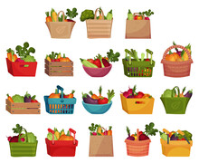 Vegetables Basket, Bag And Crate Full Of Harvested Crop Big Vector Set