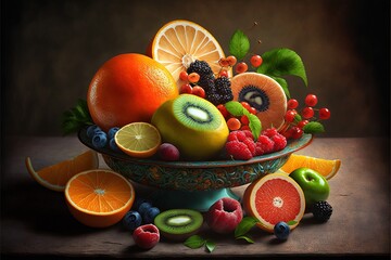 Wall Mural - a painting of a bowl of fruit on a table with oranges, kiwis, and other fruits in it, including grapes, raspberries, oranges, and kiwis.