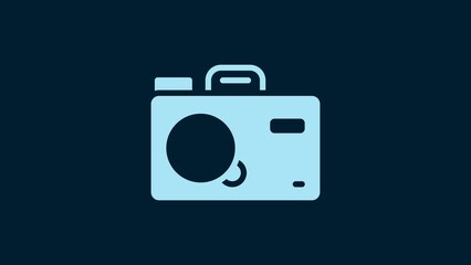 Sticker - White Photo camera icon isolated on blue background. Foto camera. Digital photography. 4K Video motion graphic animation