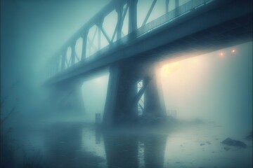 a bridge that is over water with fog on it and a light shining on the bridge and the water below it is very dark and foggy and foggy, and the bridge is a.