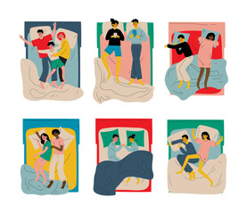 Canvas Print - Set of different people sleeping and resting in beds. View from above of asleep couples and families cartoon vector illustration