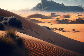 Poster - Desert with sand dunes. Generative AI.