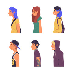 side view of young people in modern casual outfit set cartoon vector illustration