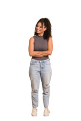 Wall Mural - Young african american woman with curly hair cut out isolated smiling confident with crossed arms.