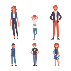 Canvas Print - Happy people in modern casual outfit set. Full length of man, woman and children cartoon vector illustration