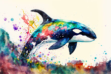 Orca Watercolor Painting. Generative AI