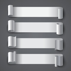 Wall Mural - Curled white paper stripe banners with realistic shadows on gray background