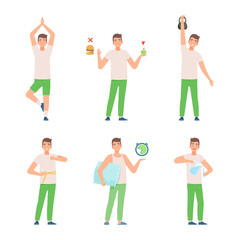 Sticker - Positive healthy lifestyle. Man meditating, doing sports, drinking fresh water, eating healthy organic food cartoon vector illustration