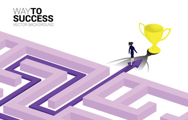 Poster - Silhouette of Businessman and businesswoman walk on Arrow with route path to exit the maze to golden trophy. Business concept for problem solving and solution strategy