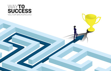 Poster - Silhouette of Businessman walk on Arrow with route path to exit the maze to golden trophy. Business concept for problem solving and solution strategy