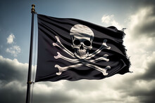 Pirate Flag Jolly Roger On A Cloudy Sky. Generative AI