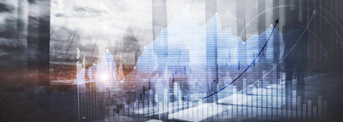 Poster - Financial graphs and analytics for investment solution. Double exposure