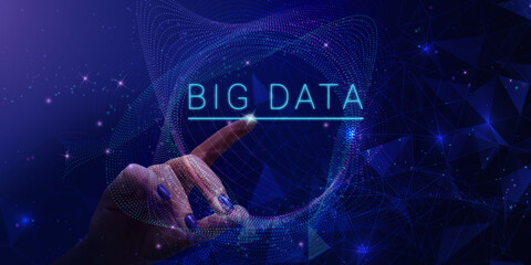 Aufkleber - Woman's hand points to BIG DATA inscription. Digital neural network. Global communication network. Complex data threads graphic visualization. Access networking connection and data.
