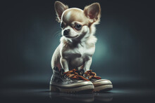 Illustrated Portrait Of A Cute Little Chihuahua Dog With Shoes Nearby On Dark Background. Content Is Created With Generative Ai