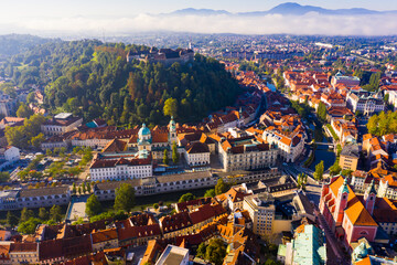 Wall Mural - Ljubljana green cityscape aerial view. High quality photo