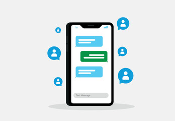 Modern vector mobile phone illustration with chat screen app, and messaging template. Social network, chatting and messaging concept