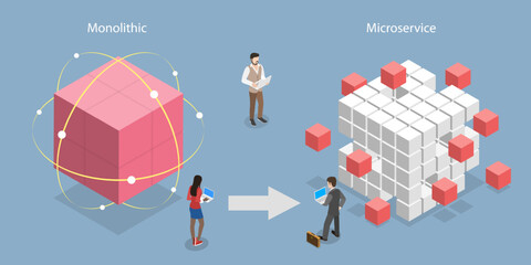 3D Isometric Flat Vector Conceptual Illustration of Microservice Architectural Pattern, Application Scalability
