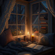 Generative AI illustration of a windowseat book nook for reading with winter snow outside and lit candles.