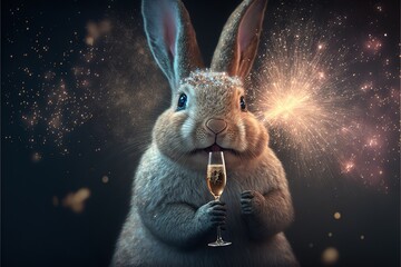 Wall Mural - Happy New Year, 2023, Chinese New Year, Zodiac Sign, Lunar New Year, Year of the Rabbit, Bunny drinks Champagne to Celebrate the New Year, Blue, Gold, Space for Text, Generative AI