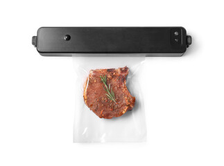 Wall Mural - Sealer for vacuum packing and plastic bag with tasty meat isolated on white, top view