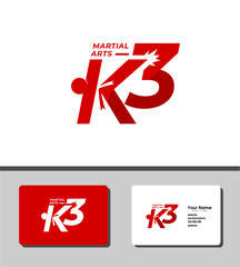 Logo template for martial art, K letter forming the man that kicking 3 number.