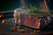 Wagyu rib-eye beef steak with spices rosemary closeup in iron pan, AI generative illustration.
