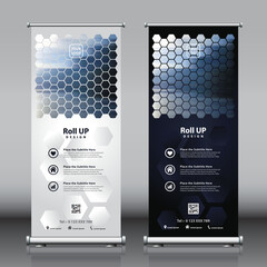 Wall Mural - Roll up banner design with hexagon shapes patterns and image. Editable vertical template vector set, modern standee and flag banner