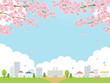 桜咲く春の街の風景_背景フレーム_ベクターイラスト