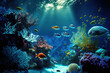 © The 2R Artificiality - Underwater view of a marine environment with a blue ocean and untamed nature in the backdrop. Generative AI
