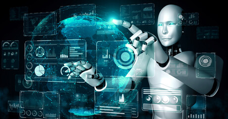 AI hominoid robot touching virtual hologram screen showing concept of big data analytic using artificial intelligence thinking by machine learning process. 3D rendering.