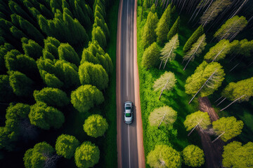 Canvas Print - Vehicle on the road during the summer nature in the air. A drone's eye view. view from above. Generative AI