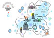 冬の岐阜県の観光地のシンプル線画イラストマップ