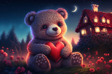 Cute Bear Holding A Red Heart Sits In The Night Fantasy Wonderland, Night Sky, And Hut. Generative AI. Valentine Day.