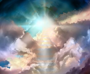 Wall Mural - Illustration of the mysterious gate leading to the heaven and the divine light shining through a gap in the sea of clouds