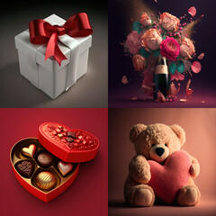 Wall Mural - Valentine's day traditional survival kit: fancy gift box, bouquet of roses, champagne, teddy bear holding heart and chocolates in a heart shaped box. A set of 4  illustrations made with Generative AI
