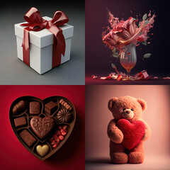 Wall Mural - Valentine's day traditional survival kit: fancy gift box, bouquet of roses, champagne, teddy bear holding heart and chocolates in a heart shaped box. A set of 4  illustrations made with Generative AI
