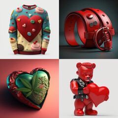 Wall Mural - Valentine's day non traditional survival kit: ugly sweater, leather handcuffs, weed heart shaped box, funny teddy bear. A set of 4 illustrations made with Generative AI 