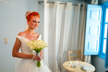 Wall Mural - Beautiful young bride preparing for celebration wedding on Santorini