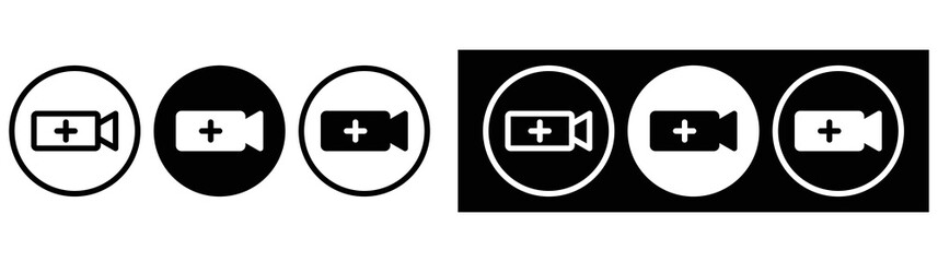 Poster - video camera with mark icon set simple. create video. add video and upload video icon collections si