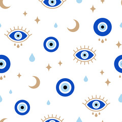 Wall Mural - Evil eyes seamless pattern. Vector illustration of protection talismans. Line art. Texture for print, textile.