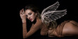 Sexy woman with angel wings. Valentines day banner of sexy model body. Model with sexy body. Pretty woman model on black background. Sensual girl with sexy body.