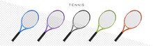 Tennis Rackets Vector Realistic Illustration. Sports Equipment Icons. Badminton Rackets Set In Different Colors
