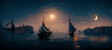 AI Generated Fantasy Coastal Town With Sailing Ship And Fishing Boats, Background Of Bright Moon In The Sky. Vintage Digital Art AI Generated Image Concept Art By Medieval Ship Or Schooner On The