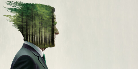 Concept of green business devotion, environment caring, business sustainability and global warming protection shown by businessman and green forest trees double exposure image. Generative AI.