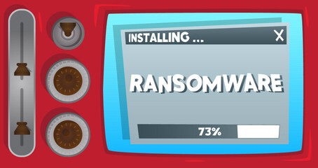 Poster - Cartoon Computer With the word Ransomware. Message of a screen displaying an installation window.